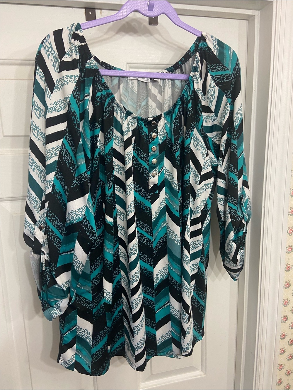 Notations 2X Shirt Teal Black White Chevron Henley Tunic